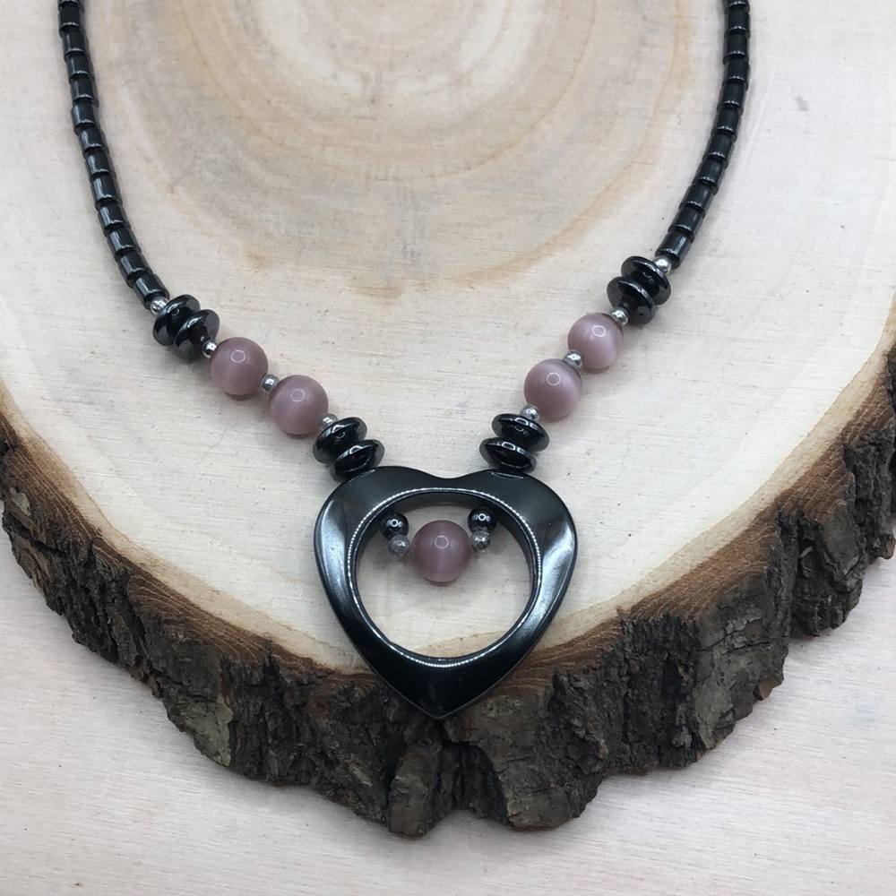 Hematite stone + pink cat eye beaded open heart necklace- romantic statement.